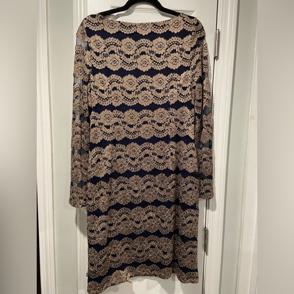 Jessica Howard Evenings Size 12 Long Sleeve Navy Blue Gold Lacy Sheath Dress - Picture 6 of 11